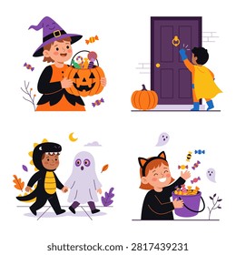 Set of four scenes of kids in halloween costumes playing trick or treat at doors in flat vector illustration