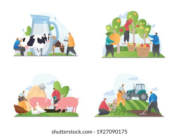 Vier Szenen zeigen verschiedene landwirtschaftliche Tätigkeiten mit Milch aus einer Milchwirtschaft, Bauernhof-Szene, Pflanzpflanzen und Obstpflücken in einem Obstgarten, flache Cartoon-farbige Vektorgrafik