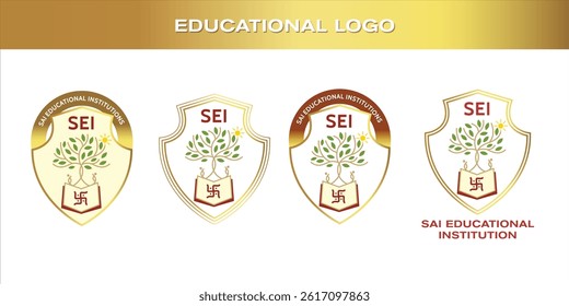 Set of Four School Logo Designs, Featuring Emblem with Educational Symbols and Colorful Palette on White Background