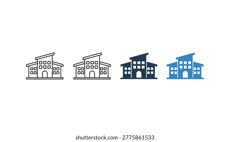 Set of four school or office building in outline and solid styles