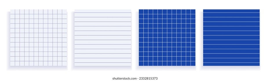 Set of four school square papers, paper for mathematics, literature and drawing, vector templates, patterns of school working notebook papers.