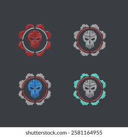 Set Of Four Sci Fi Futuristic Hud Skull Circle Logo Element For Military Game UI E-sport In Different Colors Isolated Vector Design