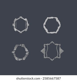 Set Of Four Sci Fi Futuristic Logo Elements  Hexagon Star Shape Frames Silver For Military Games UI E-sports Isolated Vector Design