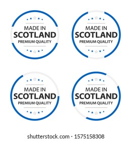 Set of four Scotch icons, English title Made in Scotland, premium quality stickers and symbols, internation labels with stars, simple vector illustration isolated on white background