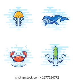 Set of four sea creatures. Jellyfish, whale, crab and squid in cute colourful style.