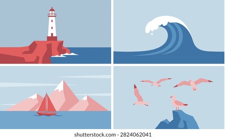 Set of four sea and ocean illustrations showcasing a lighthouse, large wave, sailboat near mountains, and seagulls.