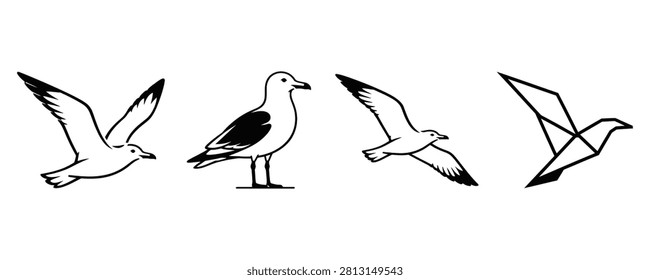 Set of four seagull icons and origami bird in black and white vector style