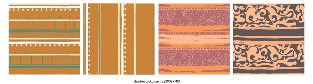 Set of four seamless abstract backgrounds, geometric shapes, lines, hand drawn doodles.