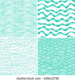 Set of four seamless abstract hand-drawn pattern, waves background. Each square pattern has the ability to be repeated or tiled without visible seams.