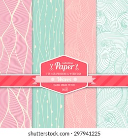 Set of four seamless abstract hand-drawn pattern, waves background. Seamless pattern can be used for wallpaper, pattern fills, web page background,surface textures. Gorgeous seamless floral background