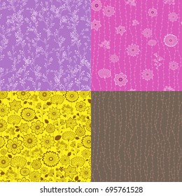 Set of four seamless abstract hand-drawn patterns, color backgrounds. Endless pattern can be used for wallpaper, pattern fills, web page background,surface textures Gorgeous seamless floral background