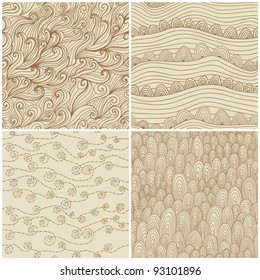 Set of four seamless abstract hand-drawn pattern, waves background. Seamless pattern can be used for wallpaper, pattern fills, web page background,surface textures. Gorgeous seamless floral background