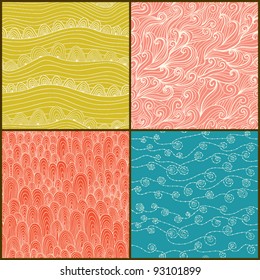 Set of four seamless abstract hand-drawn pattern, waves background. Seamless pattern can be used for wallpaper, pattern fills, web page background,surface textures. Gorgeous seamless floral background