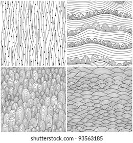 Set of four seamless abstract hand-drawn pattern, waves background. Seamless pattern can be used for wallpaper, pattern fills, web page background,surface textures. Gorgeous seamless floral background