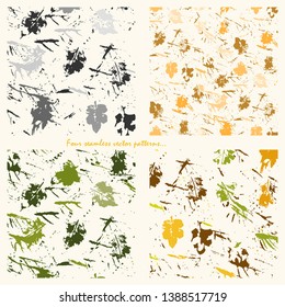 Set of four seamless abstract patterns, falling leaves and twigs. Vector.