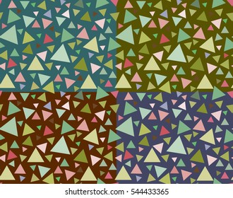 Set of four seamless Abstract  patterns with triangles in pastel pink and green natural colors on dark background.