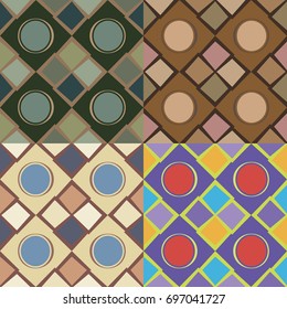 Set of four seamless abstract patterns in different color solutions with irregular squares and circles