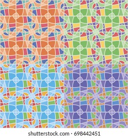 Set of four seamless abstract patterns in different color solutions with irregular geometric shapes