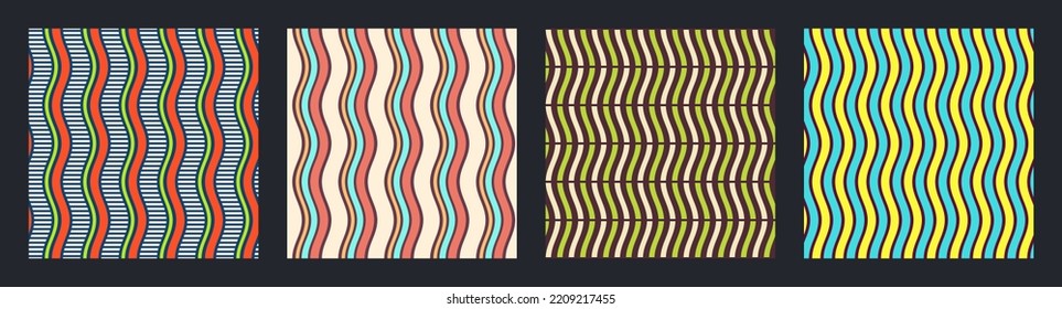 Set of four seamless african fashion vector patterns with regularly repeating wavy lines, stripes. Pastel colors. Color seamless background.