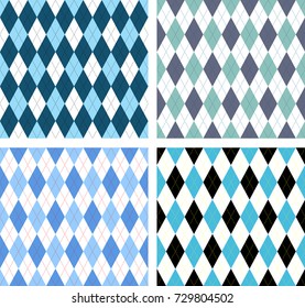Set of four seamless argyle plaid patterns. Classic diamond check prints in palette of blue, white, dusty green and black. 