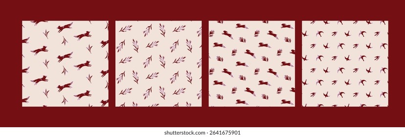 Set of four seamless autumn patterns with hand drawn forest animals and plants. Foxes, birds and leaves arranged in soft natural compositions. Illustration for wrapping, fabric, cards, backgrounds.