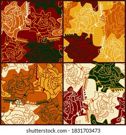 A set of four seamless backgrounds with abstract unusual patterns. Hand drawn elements