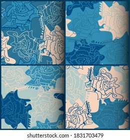 A set of four seamless backgrounds with abstract unusual patterns. Hand drawn elements