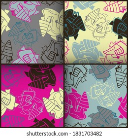 A set of four seamless backgrounds with abstract unusual patterns. Hand drawn elements