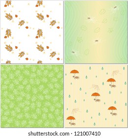 Set of four seamless backgrounds. Autumn theme. Cartoon bugs, rain and falling leaves. Soft yellow, orange and green colors
