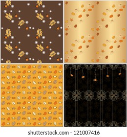Set of four seamless backgrounds. Autumn theme, Halloween. Orange and brown colors.