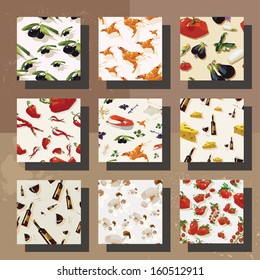 Set of four seamless backgrounds with different food