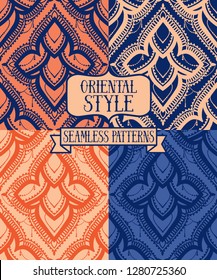 Set of four seamless backgrounds with oriental style rosettes and chains, blue and coral palette, vector illustration