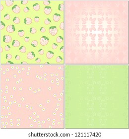 Set of four seamless backgrounds. Theme of nature. Strawberry plants. Flowers, berries, leaves. Delicate pink and green colors.