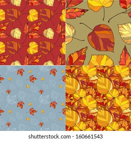 Set of Four Seamless backgrounds  with yellow, orange and red autumn leaves. Fall pattern wallpaper. Good for web, print, wrapping paper.