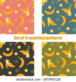 Set of four seamless banana patterns. Vector illustration. Drawn by hands. Gray, pink, green, blue backgrounds. Yellow tropical fruit. Suitable for printing on clothing, fabric, bedding, , notebooks