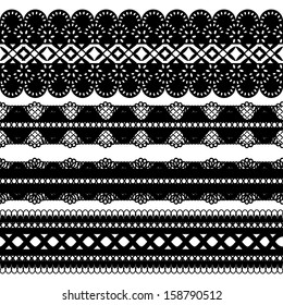Set of four seamless black lace ribbon isolated on a white background. Vector illustration