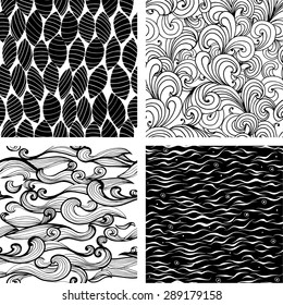 Set of four seamless black and white wave and floral patterns. Can be used for wallpaper, pattern fills, web page background, surface textures.