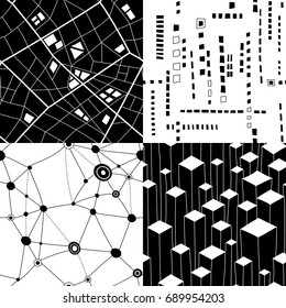 Set of four seamless black and white structures on theme of urban planning and maps.