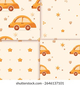 Conjunto de quatro padrões de bebê boêmio sem costura com brinquedos de carro, corações e círculos.