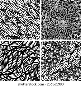 Set of four seamless bright patterns, waves background, vector illustration