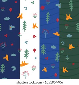 Satz von vier nahtlosen Kinderwaldmustern mit Füchsen, Wölfen, Sternen, Monden, Bäumen und Sträuchern mit roten Beeren. Weißer, blauer, grüner und blauer Hintergrund