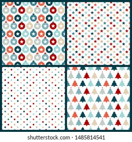 Set Of Four Seamless Christmas Pattern Red And Blue