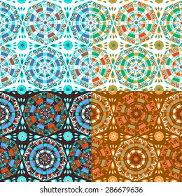 Set of four seamless colorful patterns with geometrical ornament made of hand drawn elements. Vector illustration. Tribal, ethnic style