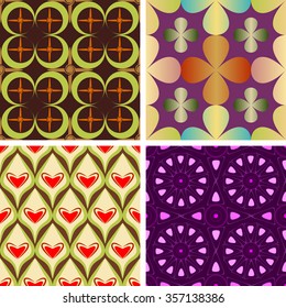 Set of four seamless colorful patterns composed of geometric shapes, vector graphics