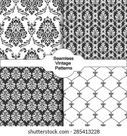 Set of four seamless damask patterns. Classic black and white wallpapers. Vintage vector backgrounds.