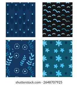  A set of four seamless dark blue patterns with nature-inspired or abstract motifs. The patterns include waves, stars, leaves, and dots, all in contrasting shades of blue for a deep oceanic theme.

