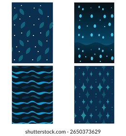  A set of four seamless dark blue patterns with nature-inspired or abstract motifs. The patterns include waves, stars, leaves, and dots, all in contrasting shades of blue for a deep oceanic theme.