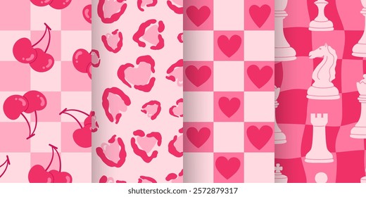 Set of four seamless Valentine’s Day patterns featuring cherries, hearts, leopard print, and chess pieces in shades of pink. Y2K style. Perfect for festive designs, wrapping paper, and holiday themes.