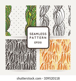 Set of four seamless decorative patterns with zentangle leaves. Ornate illustrations.