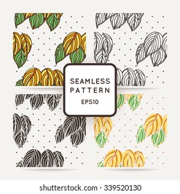 Set of four seamless decorative patterns with zentangle leaves. Ornate illustrations.